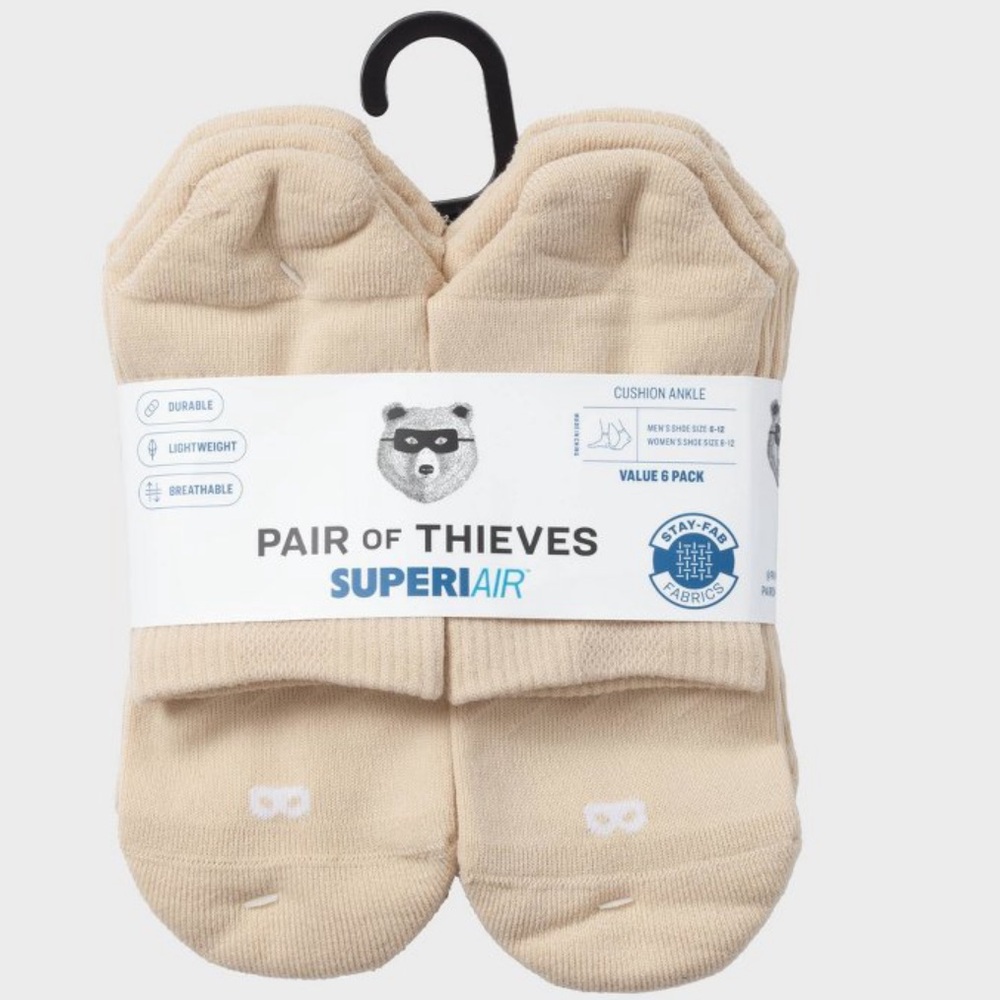 Pair of Thieves SuperAir Cushion Ankle Socks Men Cream Beige (6 Pack) Size  6-12